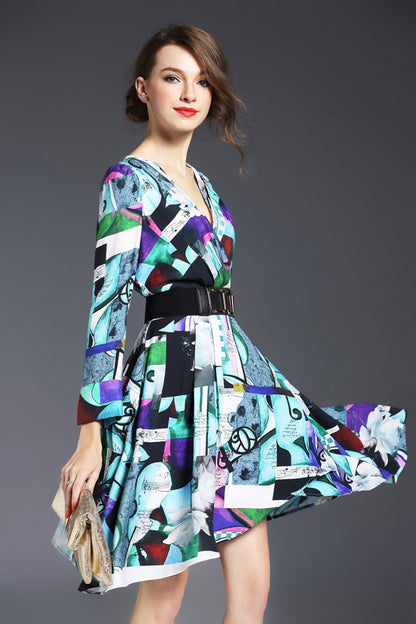 Multi Printting Deep-V Dress - NJOYDRESS - 2
