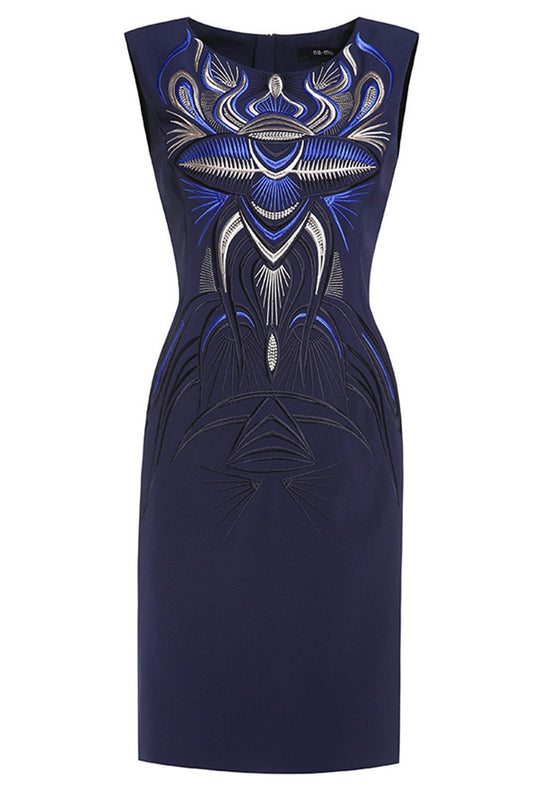 Round Collar Embroidery Pattern Slim Dress