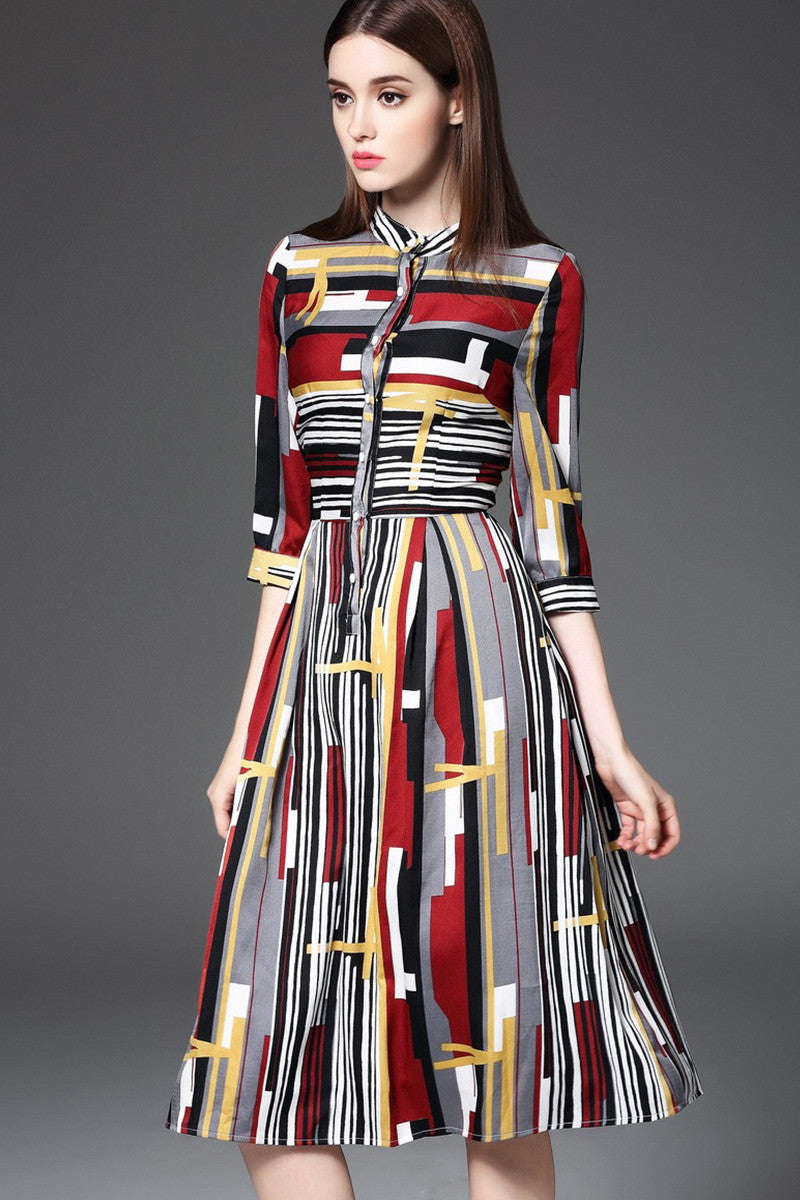 Stand Collar Geometry Multi Color Pattern Flare Dress