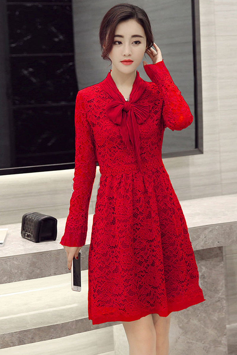 CASUAL LACE LONG SLEEVE V NECK VACATION HOLLOW-OUT DRESS