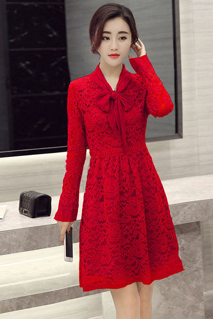 CASUAL LACE LONG SLEEVE V NECK VACATION HOLLOW-OUT DRESS