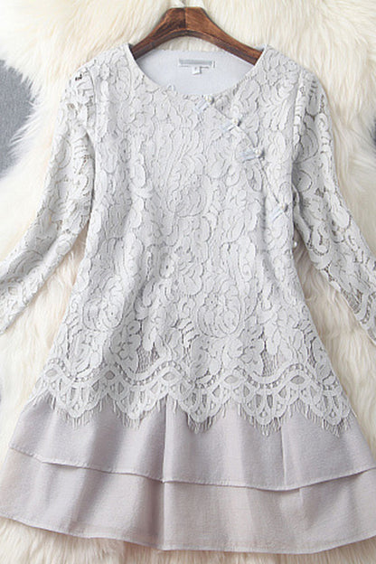 WOMEN'S CASUAL H-LINE ROUND NECK LACE SHEER MESH KINT DRESS