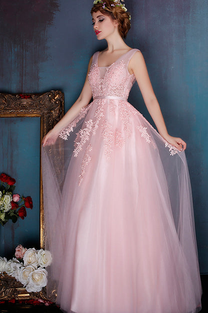 Deep V Neck  Sleeveless Lace Tulle Overlaid Open Back Prom Party Dress