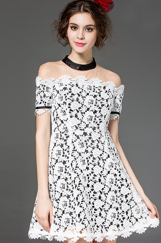 casual lace sheer mesh round neck vocation cocktail short dress