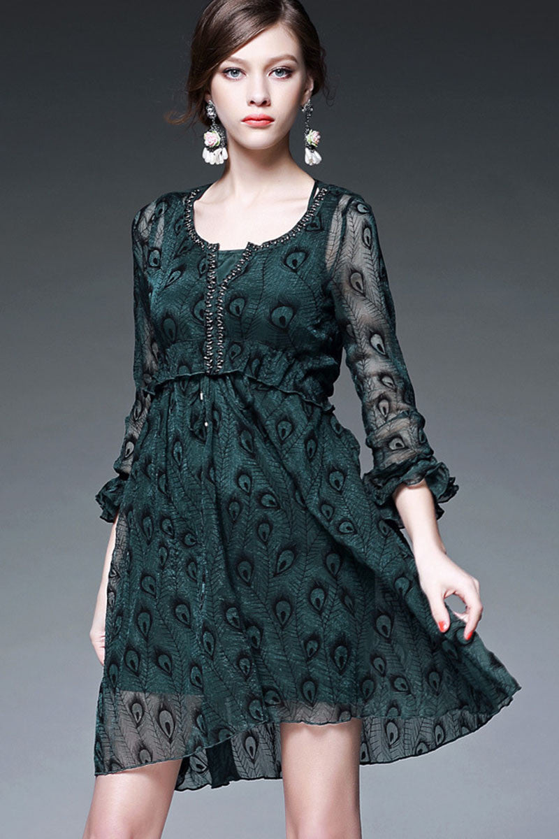 Round Beaded Collar  Sheer Ruffle  Sleeve Swing Dress - NJOYDRESS - 2