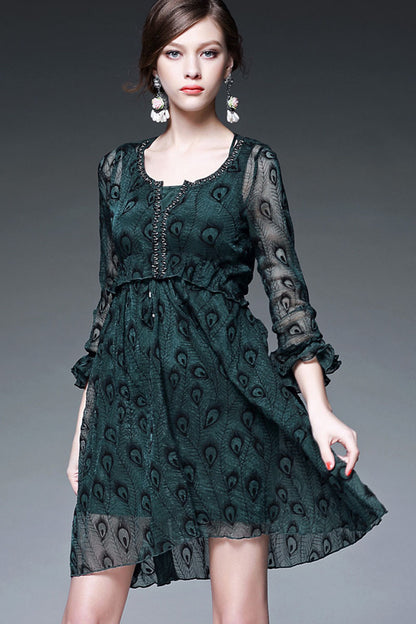 Round Beaded Collar  Sheer Ruffle  Sleeve Swing Dress - NJOYDRESS - 2