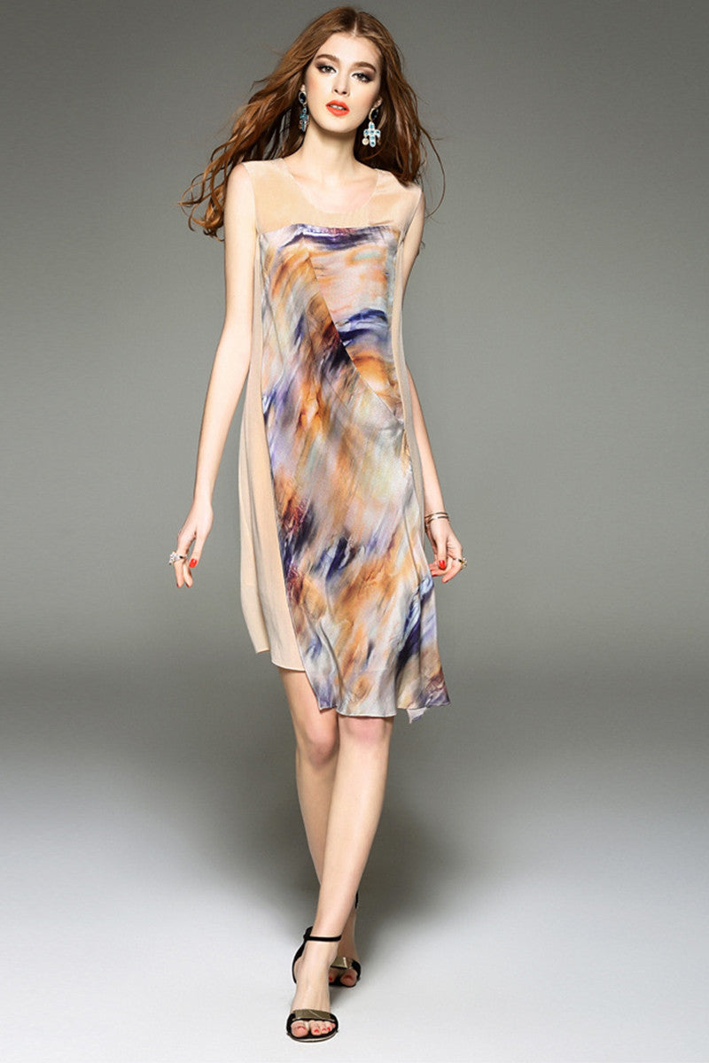 Round Neck Sleveless Elastic Waist Digital Printed DRESS