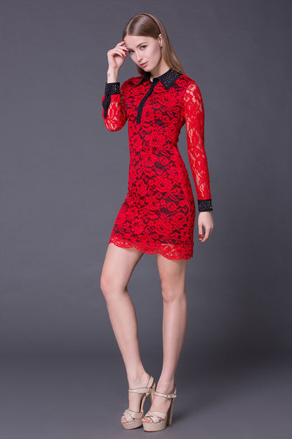Camellia Pattern Full Lace Dress  With  Stone  Decroration - NJOYDRESS - 2