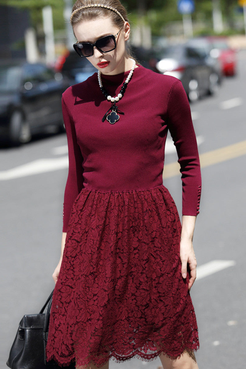 Rib Slim Top With Camellia Pattern Lace Skirt Dress