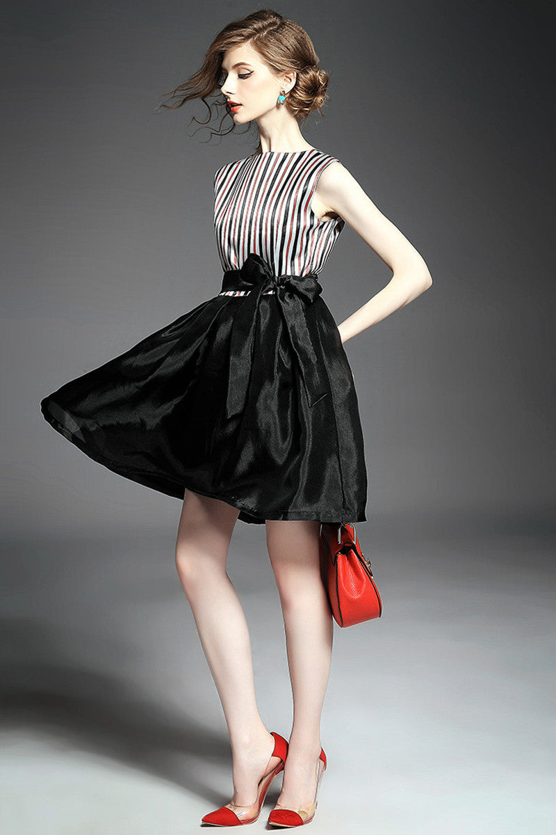 Women's Slime Stripe Fit And Flare Dress Casual Sleeveless Skirt With Belt - NJOYDRESS - 2