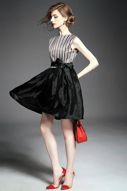 Women's Slime Stripe Fit And Flare Dress Casual Sleeveless Skirt With Belt - NJOYDRESS - 2
