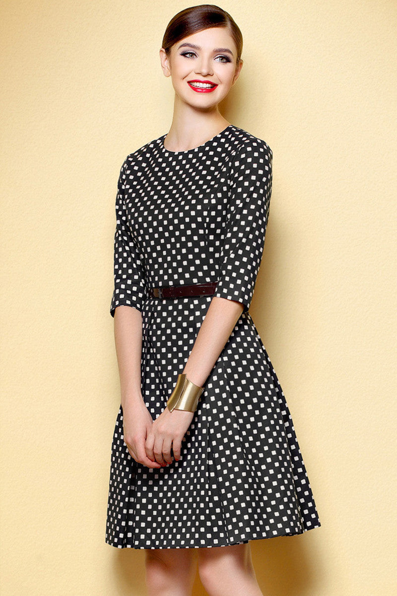 Women's Heart Printing Skirt Casual Round Neck Slim A-line Flare Dress With Belt - NJOYDRESS - 2