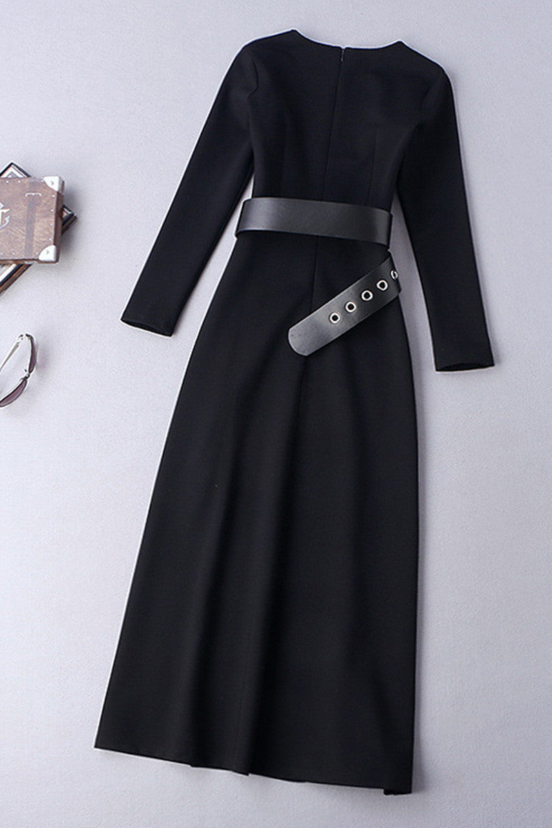 Round Collar Side Slit Maxi Dress With Belt