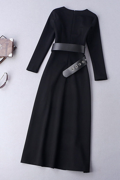 Round Collar Side Slit Maxi Dress With Belt