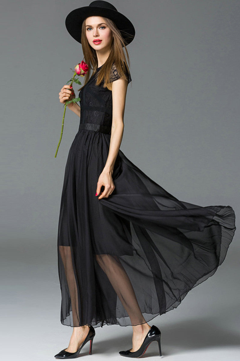 Elegant Cap Sleeve Chiffon Sheer Maxi Cocktail Dress