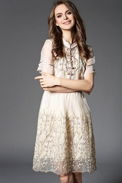 Chi-pao Stand Collar Floral Embroidery Organza Dress