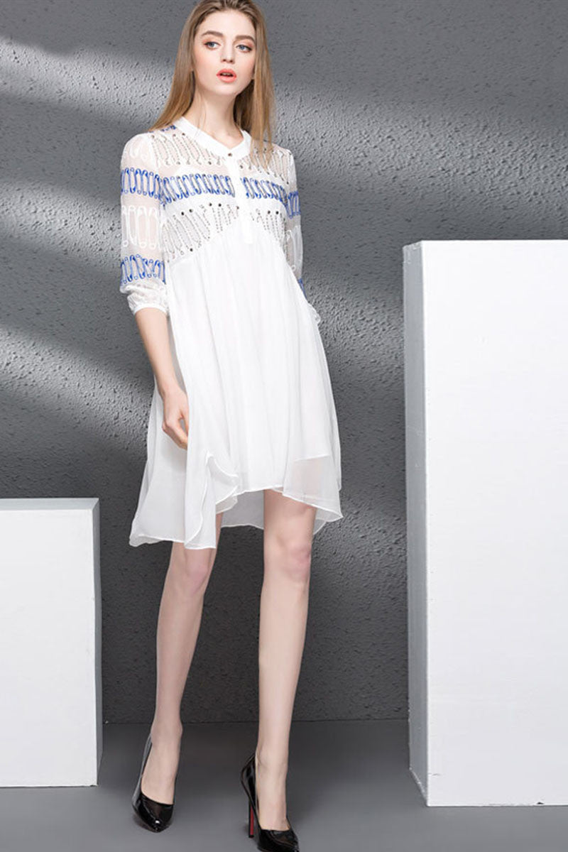 Georgette Pin Shade Embriodered Henry Neck Short Dress
