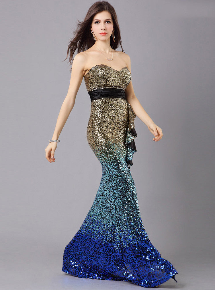 Gradient Sequin Strapless High Slit Ruffle Dress