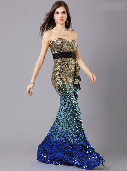 Gradient Sequin Strapless High Slit Ruffle Dress