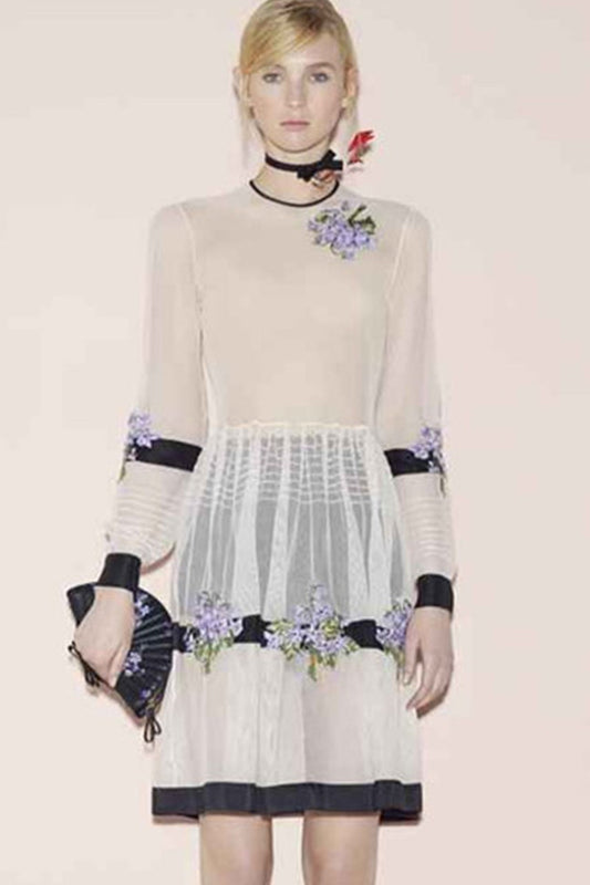 VINTAGE FLOWER EMBROIDERY ROUND NECK CHIFFON CASUAL DRESS