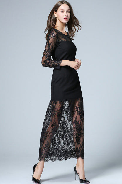 ELEGANT LACE ROUND NECK SHEER MESH COCKTAIL PARTY LONG DRESS