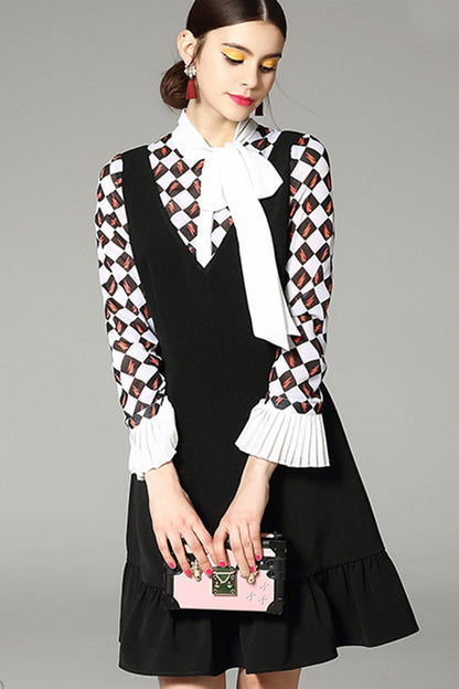 [30% OFF TILL 8 APR] Bow Collar Vintage Paild Long Sleeve Casual Dress