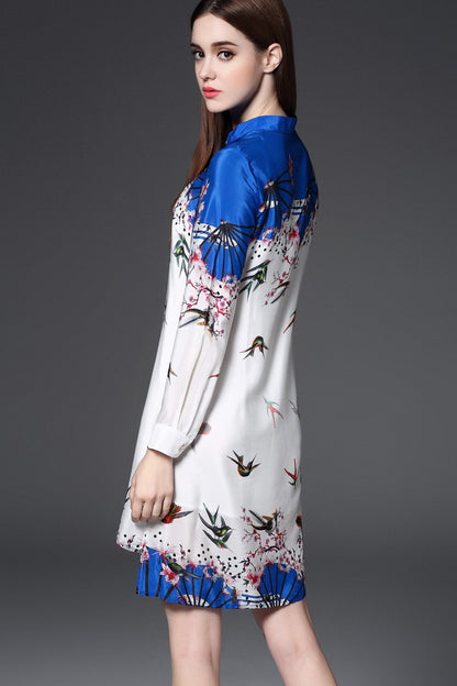 Round Collar Swallow Print Side Slit Short Front Long Back Dress