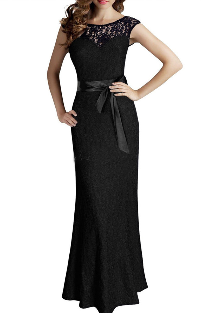 Short Sleeve Lace Backless Evening Party Dress