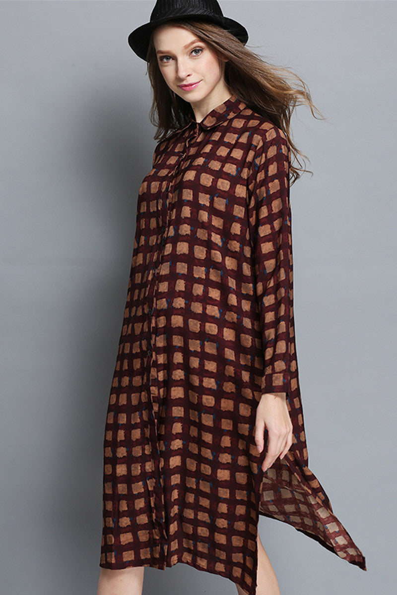 Napel Neck Button Down Front Slit Plaid Print Loose Shirt Plus-Size  Dress