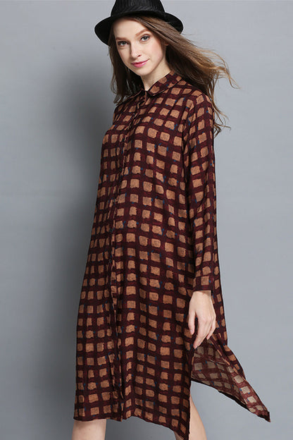 Napel Neck Button Down Front Slit Plaid Print Loose Shirt Plus-Size  Dress