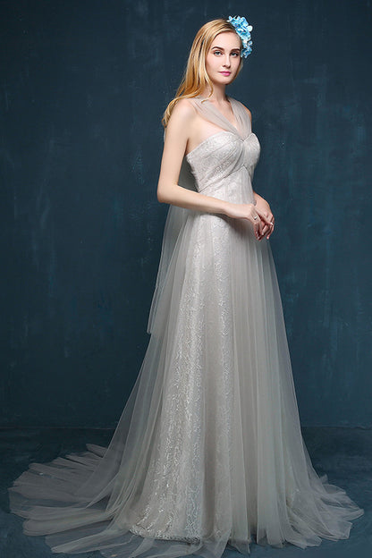 Deep V Neck Sweetheart  Back Bowknot Tulle Overlaid Floor Length Grown