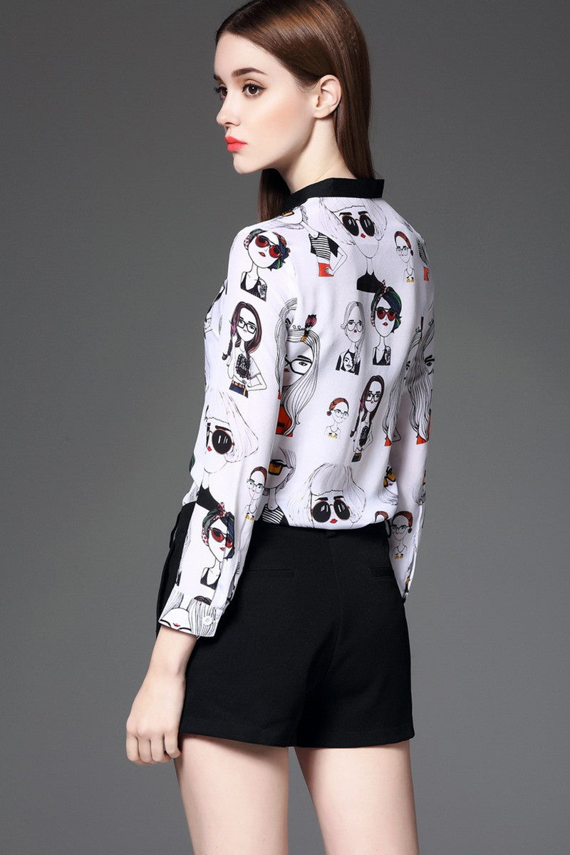 Round Collar Cartoon Character Pattern Blouse