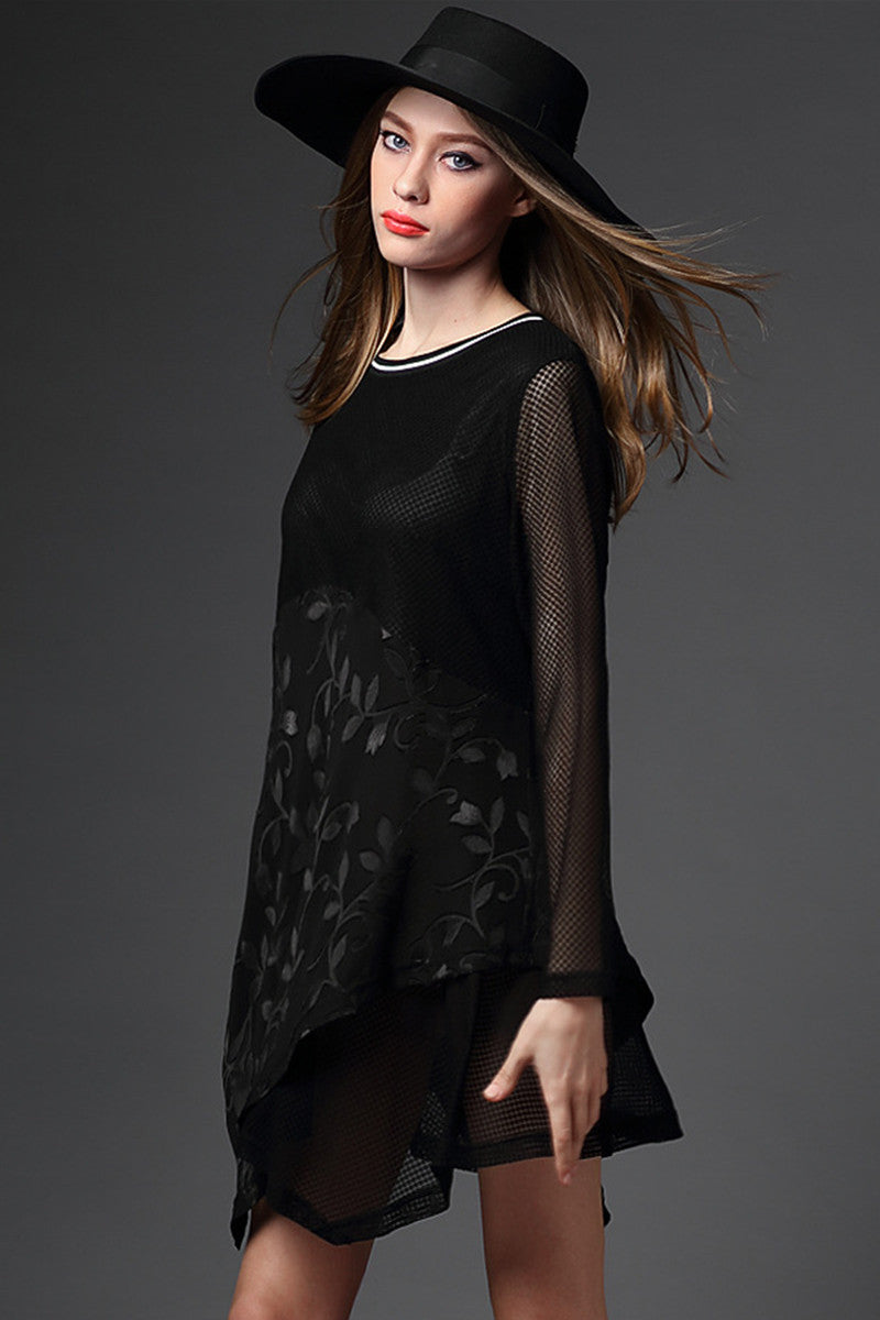 Round Collar Hollow Out Embroidery Irregular Flare Hem Slim Plus-Size Dress