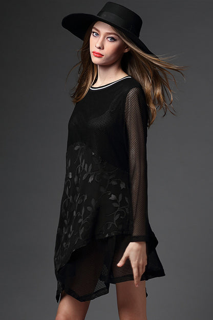 Round Collar Hollow Out Embroidery Irregular Flare Hem Slim Plus-Size Dress