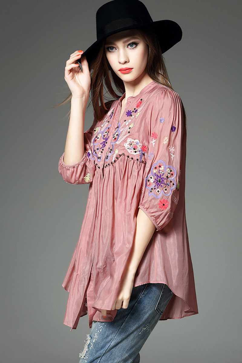Emboridered With Stud Flared Button Down Shirts