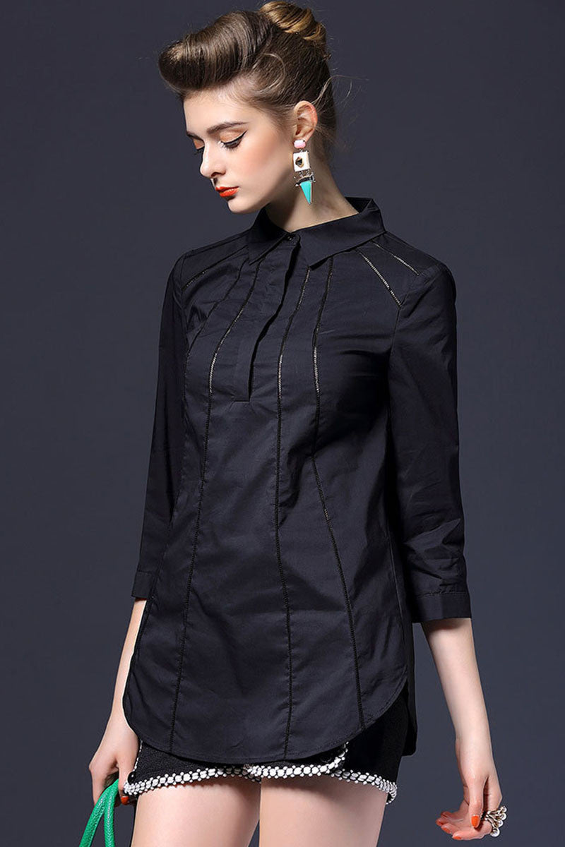 Lapel Neck Hollow Out Slim Single Breasted Shirt Top