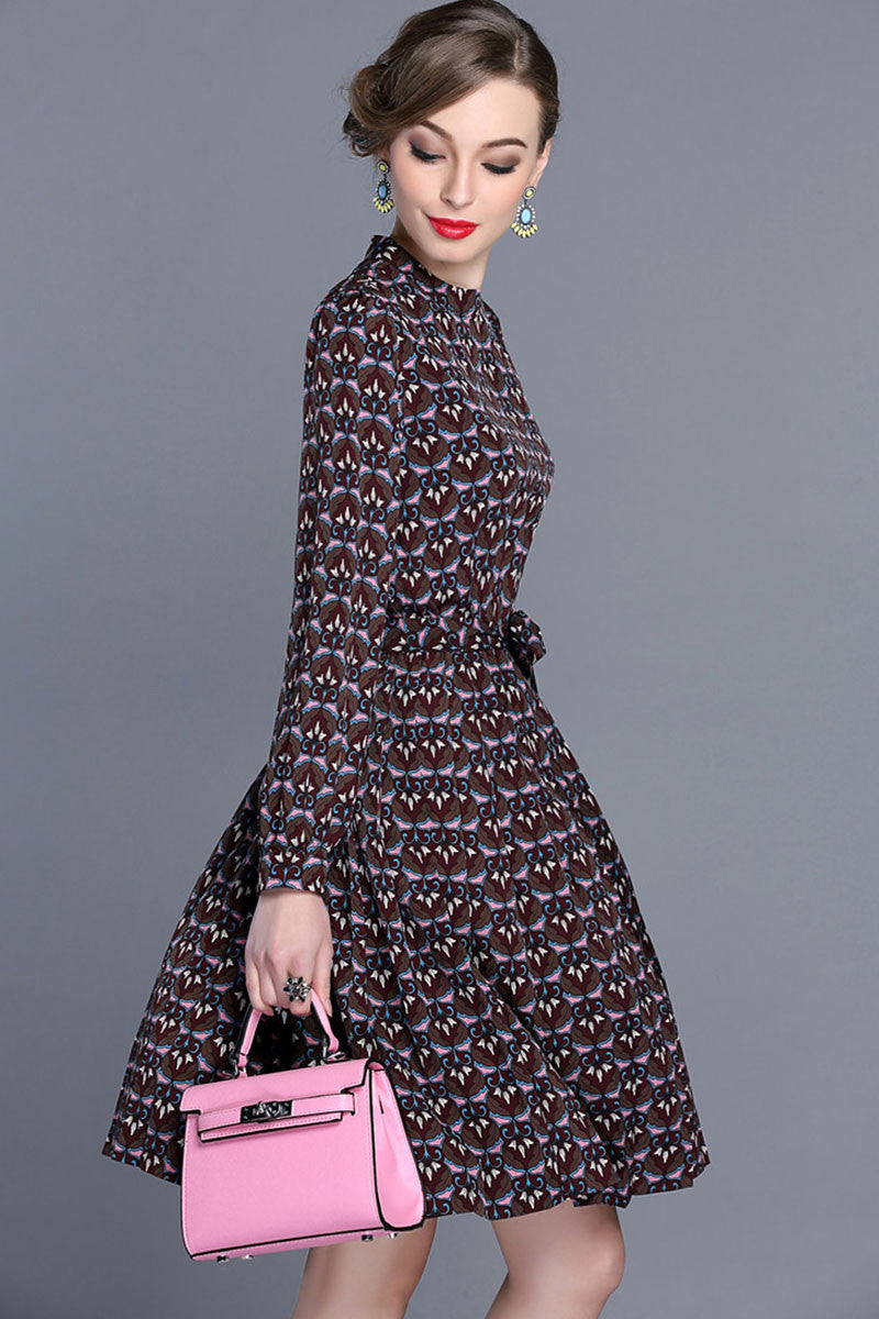 Long Sleeve Printing Chiffon Dress - NJOYDRESS - 2