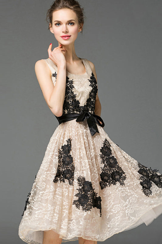 Rosette Lace Varabow Cocktail Short Flared Dress