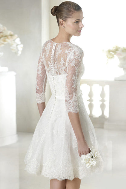 Deep V Neck Half Sleeves Sheer Back Slim Lace Dress Attached Bowknot