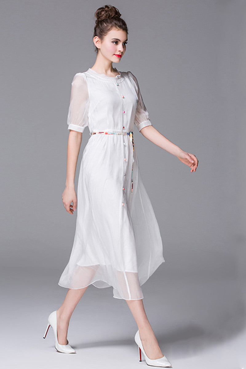 Puff Sleeve Button Down Shirt Solid Casual Dress