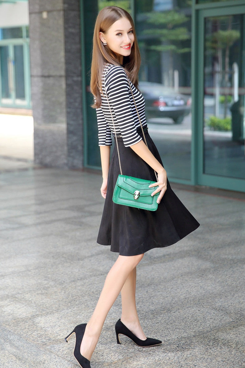 Round Collar 3/4 Sleeve Stripe Knit Patch Suede Dress - NJOYDRESS - 2