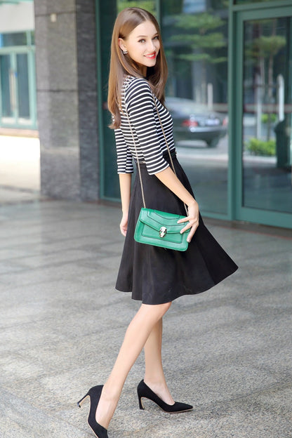 Round Collar 3/4 Sleeve Stripe Knit Patch Suede Dress - NJOYDRESS - 2