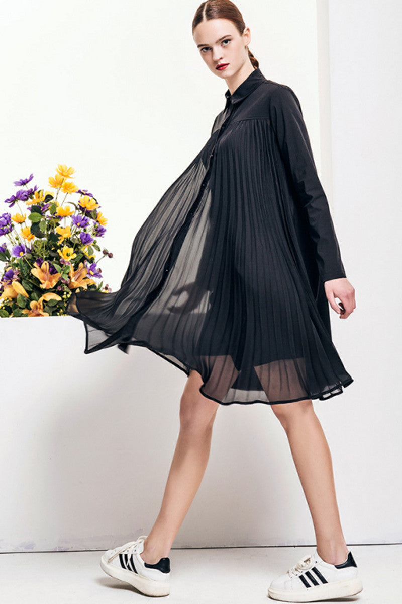 ELEGANT CHIFFON LONG SLEEVE DOLL COLLAR PLEATED MIDI DRESS