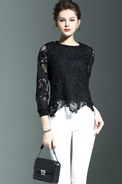 Lace Slim Sheer Long Sleeve Slim Fit Tops - NJOYDRESS - 3