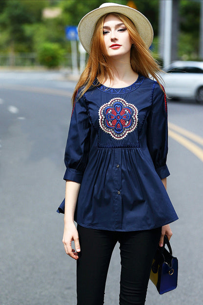 Rural Embroidery Linen A-line Tops