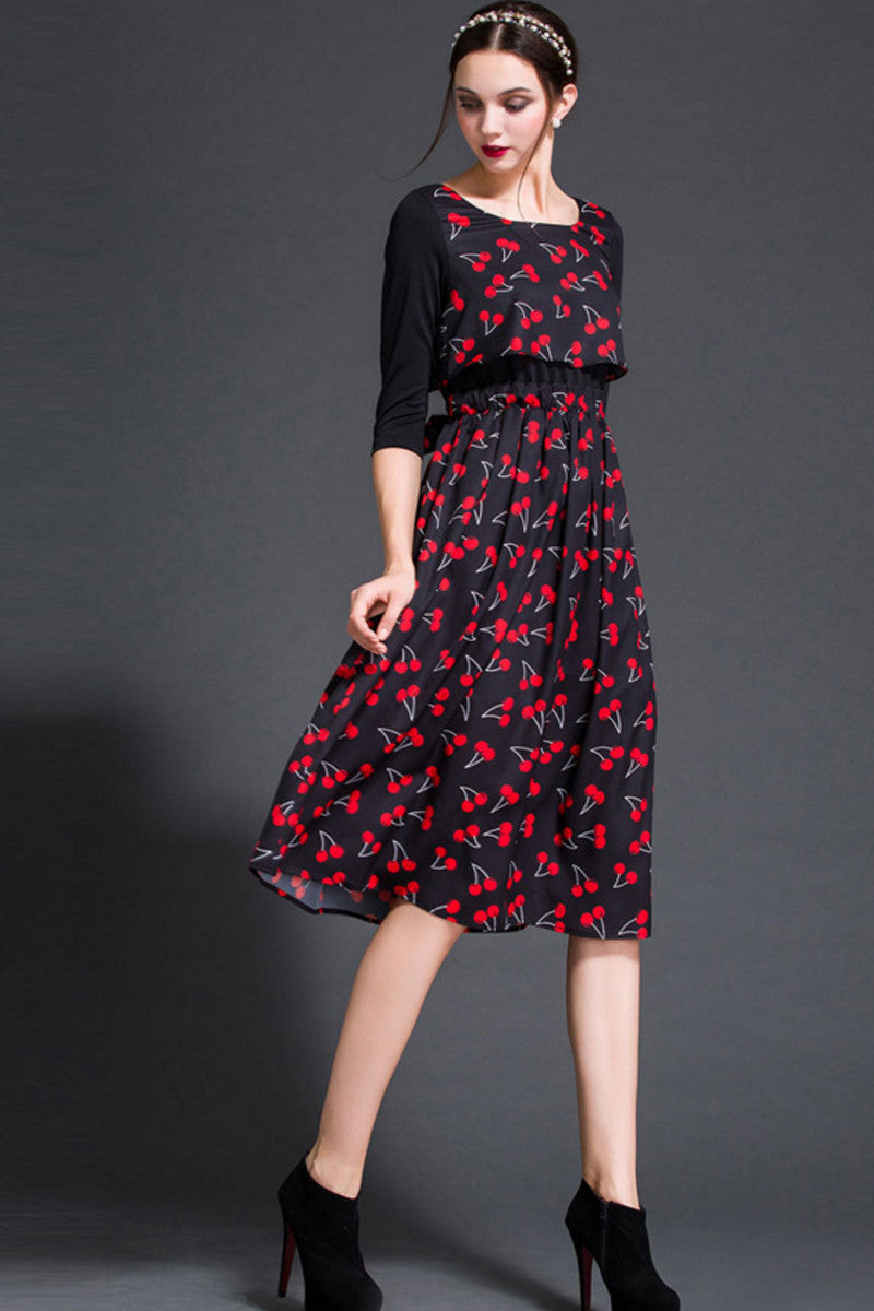 women's casual print and floral boat neck  vocation midi dress