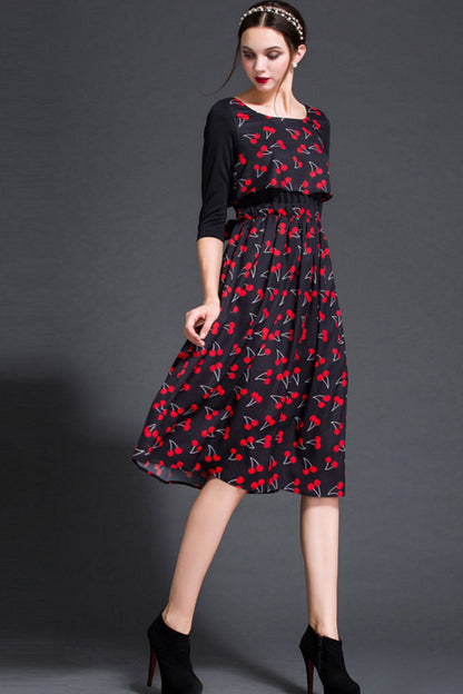 women's casual print and floral boat neck  vocation midi dress