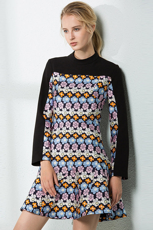 Floral Block Slim-and-Flared Short Dress