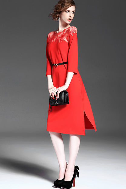 women's elegant 3/4 sleeve wear to work lace neck dress
