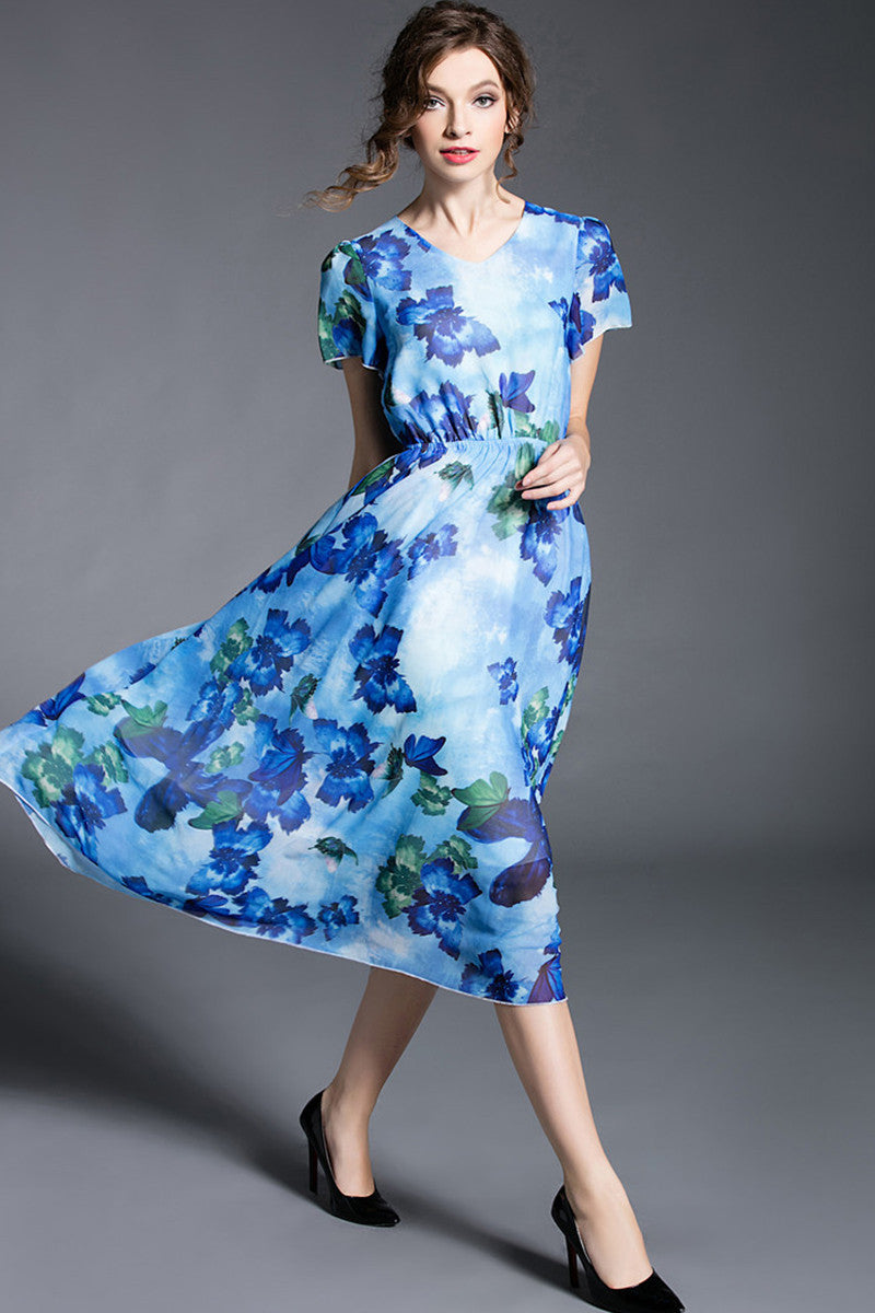 FLOWER PRINTING SHORT SLEEVE V NECK CASUAL VACATION DRESS